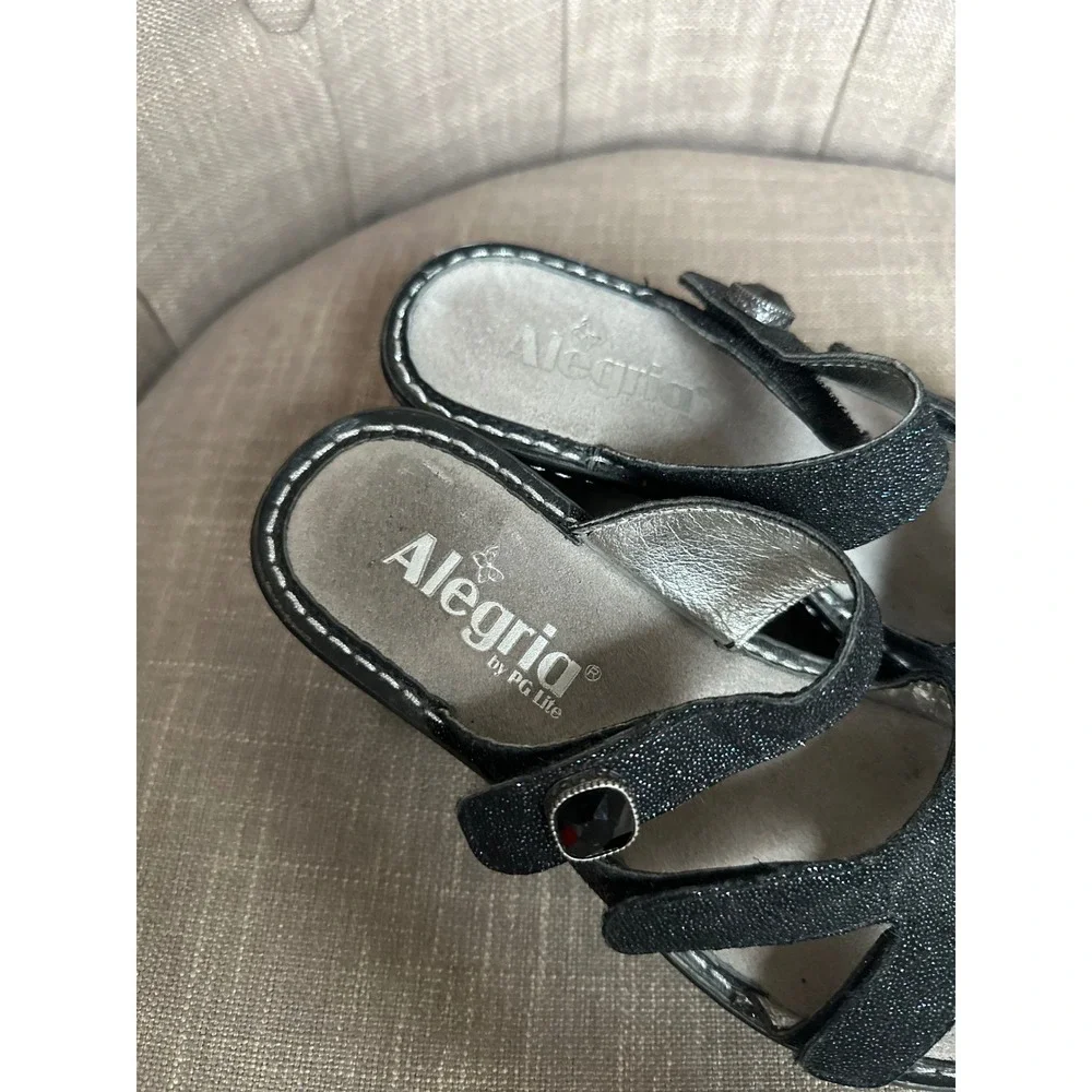 Alegria PG Lite‎ Black Glitter Wedge Sandals Women 35 Gemstone Comfort Slip On